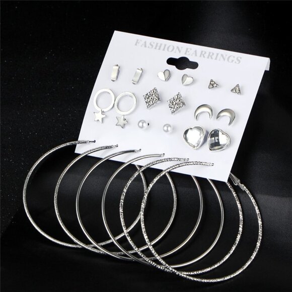 12-Pair Women 😍12 Pair NWT Silver Geometric Crystal Heart Heart Stud Earring Set Mix, F272